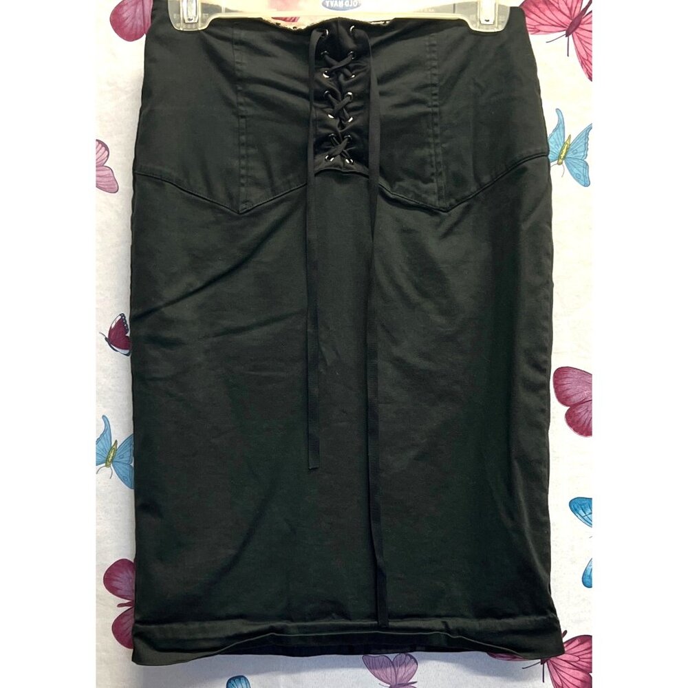 Forever 21 Black Pencil Mini Skirt Front Lace-Up Detail Medium 24” Length
